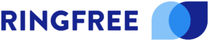 The image displays a logo for RINGFREE in dark blue text, hinting at its excellence in managed IT services. To the right, two overlapping shapes are seen: a light blue rounded rectangle and a darker blue leaf-like shape, adding sleek depth to the design.