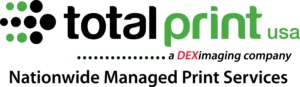 Logo for Total Print USA, a DEX Imaging company, with the tagline Nationwide Managed Print Services in bold text. The words “print” and “usa” are in green; other text is in black.