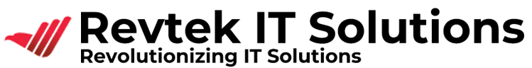 Logo of Revtek IT Solutions with a red abstract design on the left and the tagline Revolutionizing IT Solutions below the company name.