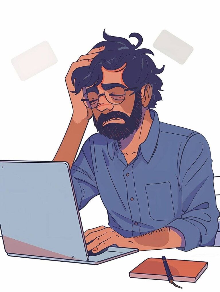 Illustration of a frustrated man with a beard and glasses sitting at a desk with a laptop. Hes holding his head with one hand. A notebook and pen are on the desk.