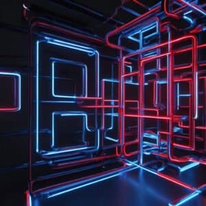 A futuristic scene unfolds, with compliance-driven interwoven red and blue neon lights forming geometric patterns against a dark background. The glowing structures create an immersive, high-tech atmosphere.