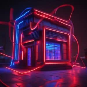 A small, futuristic building is illuminated with vibrant neon lights in red and blue, set against a dark night backdrop. Electric ribbons of light swirl around the structure like visual representations of IT challenges, creating a dynamic, glowing effect.