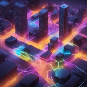 A futuristic cityscape at night features tall skyscrapers and vibrant neon lights in pink, orange, and blue. The glowing lines form intricate networks, much like partnerships traversing the streets, enhancing the cyberpunk aesthetic.