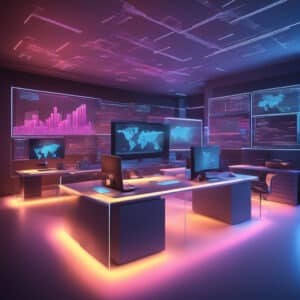 A futuristic office with glowing neon lights sets the stage. Several computer monitors display digital maps and charts on a glossy table, perfect for a small business. The room is ambiently lit with vibrant pink and blue hues, crafting a high-tech, cybernetic atmosphere.