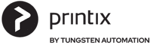 Logo of Printix by Tungsten Automation, featuring a stylized arrowhead symbol inside a black circle to the left of the text, representing their expertise in managed IT services.