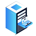 Isometric illustration of a blue server rack with an extended tray holding an open laptop, displaying digital graphs and charts—perfect for a Header or Home Page design, set against a clean white background.