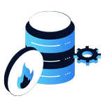 An illustration for a Home Page header featuring a database with two stacked disks, a gear beside it, and a circular disk with a blue flame symbol in the foreground, symbolizing database management or performance.