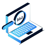 Isometric illustration of a laptop with a magnifying glass over the screen, displaying a bar chart—perfect for a Home Page header to symbolize data analysis or research.