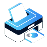 Isometric illustration of a blue and white printer featured in a Home Page header, with a sheet of paper being inserted at the top and another sheet with a circular design emerging from the front.