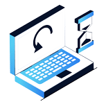 Isometric illustration of an open laptop with a curved arrow on its screen, next to an hourglass, perfect for a Home Page Header representing a software update or waiting process.