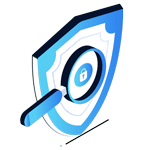 A magnifying glass with a lock symbol in the center is placed over a blue and white shield on the Home Page, representing security and protection concepts.