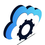 A stylized illustration of a blue and white cloud with a black gear in the center, perfect for a Header or Home Page to symbolize cloud computing or cloud-based settings.