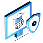 Illustration for a Home Page header: a computer monitor displays a globe with a graduation cap, beside a shield with a checkmark, symbolizing secure online education.