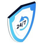 A blue and white shield icon with 24/7 and a circular arrow in the center, perfect for a Home Page Header to represent around-the-clock protection or security.