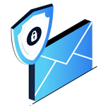 An illustration of a blue envelope with a white and blue shield featuring a padlock symbol, perfect for use as a header or on your home page to represent email security or protection.