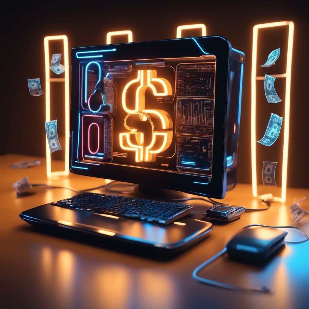 A futuristic computer setup displays a glowing dollar sign on the screen, surrounded by circuit-like neon designs. Floating dollar bills emphasize a high-tech financial theme, highlighting the various industries we serve in this dimly lit background.