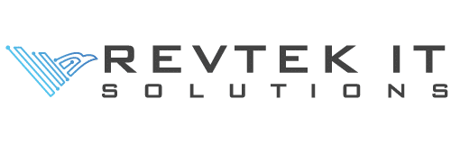 Logo of Revtek IT Solutions with stylized, abstract geometric design in blue above the company name in bold black letters.