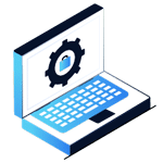An illustration of an open laptop displaying a gear with a padlock icon on its screen, perfect for a Home Page or Header to symbolize cybersecurity or secure settings.