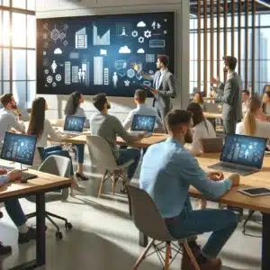 An office setting with employees engaged in IT training. Some are watching a presentation on a large screen, while others are working on laptops or ta