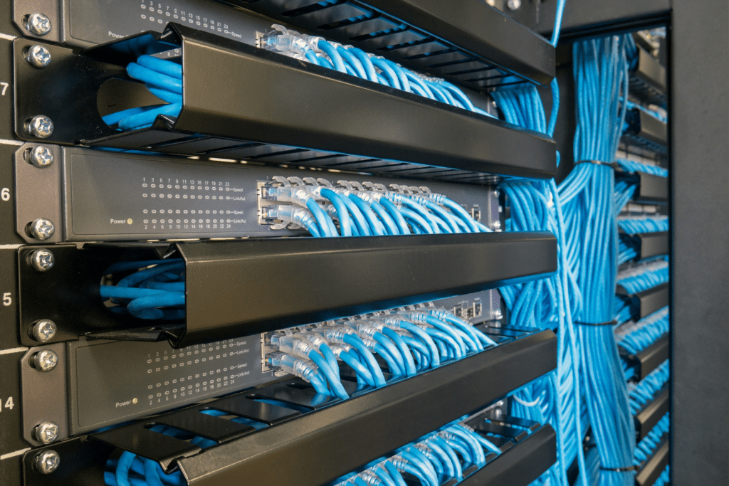 Close-up of a server room with neatly organized blue network cables connected to multiple black server racks. The cables are bundled and routed through cable management systems, reflecting a well-maintained data center environment optimized for managed network security services.