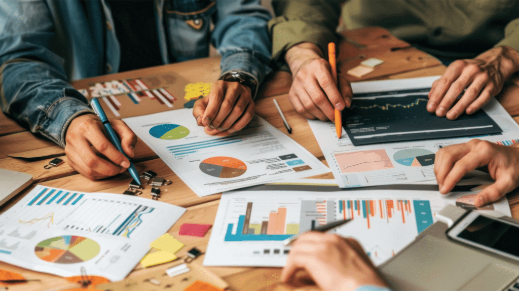 A group of people work collaboratively at a table covered with colorful charts, graphs, and documents. They are reviewing data and taking notes on how Managed IT Services for law firms can optimize workflows, surrounded by office supplies and digital devices.