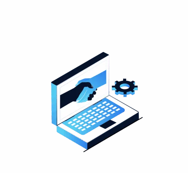 Isometric illustration of an open laptop displaying two hands shaking on the screen with a gear icon nearby, ideal for a Home Page header to symbolize online collaboration or partnership.