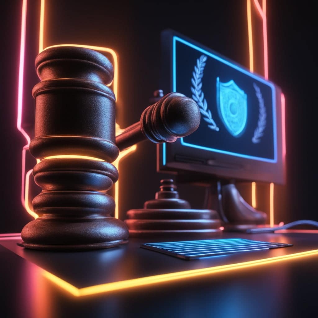 A judge's gavel and sound block sit beside a computer monitor displaying a shield emblem, symbolizing Managed IT for Law Firms. The scene is illuminated with vibrant neon orange and blue lights, crafting a futuristic and digital atmosphere.