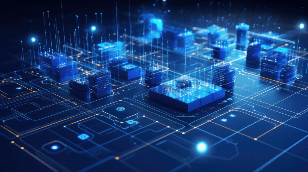 A digital illustration depicting a futuristic circuit board with glowing blue and white lights. The scene features interconnected 3D structures, symbolizing advanced technology and the intricate communication networks akin to MSP vs MSSP dynamics.