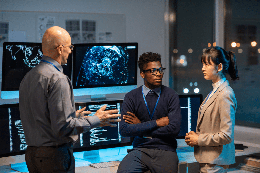 Three people in a tech office engage in discussion. One gestures while talking, another listens with crossed arms, and a third stands attentively. Multiple monitors display data and maps in the background, highlighting the cybersecurity skills gap as they strategize solutions. It's nighttime outside.