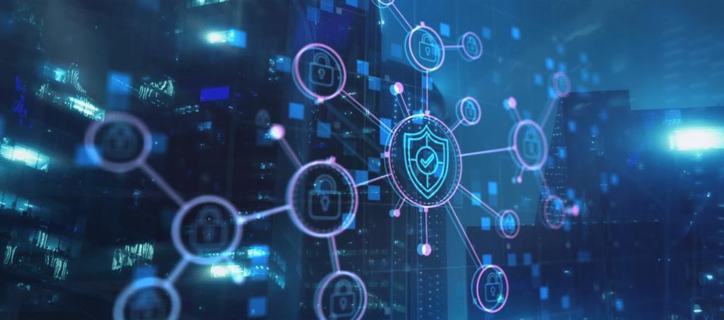 A futuristic digital concept showcases a network of interconnected security icons, centered around a shield. The backdrop—a blurred cityscape with blue and purple neon lights—highlights the cybersecurity skills gap and underscores the urgency for enhanced data protection measures.