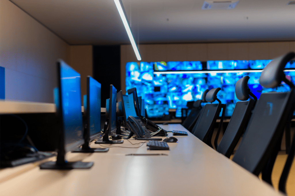 A modern office with a row of empty desks featuring computers and office chairs reflects the looming cybersecurity skills gap. A large wall display in the background shows various images, emitting a blue glow. The room is well-lit with a sleek, minimalist design.