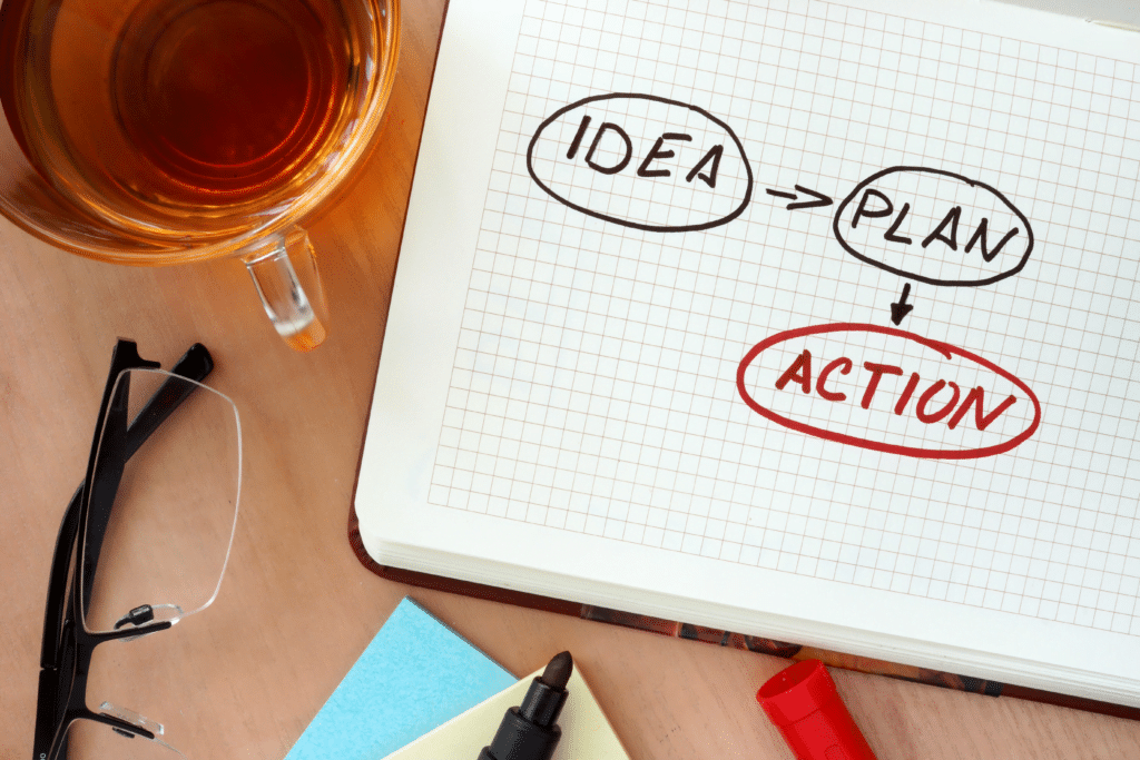 A notebook page shows a flowchart with Idea leading to Plan, and then to Action, highlighted in red. Nearby are essentials for an IT setup for startups: a cup of tea, glasses, sticky notes, and a pen. The desk is ready for innovation.