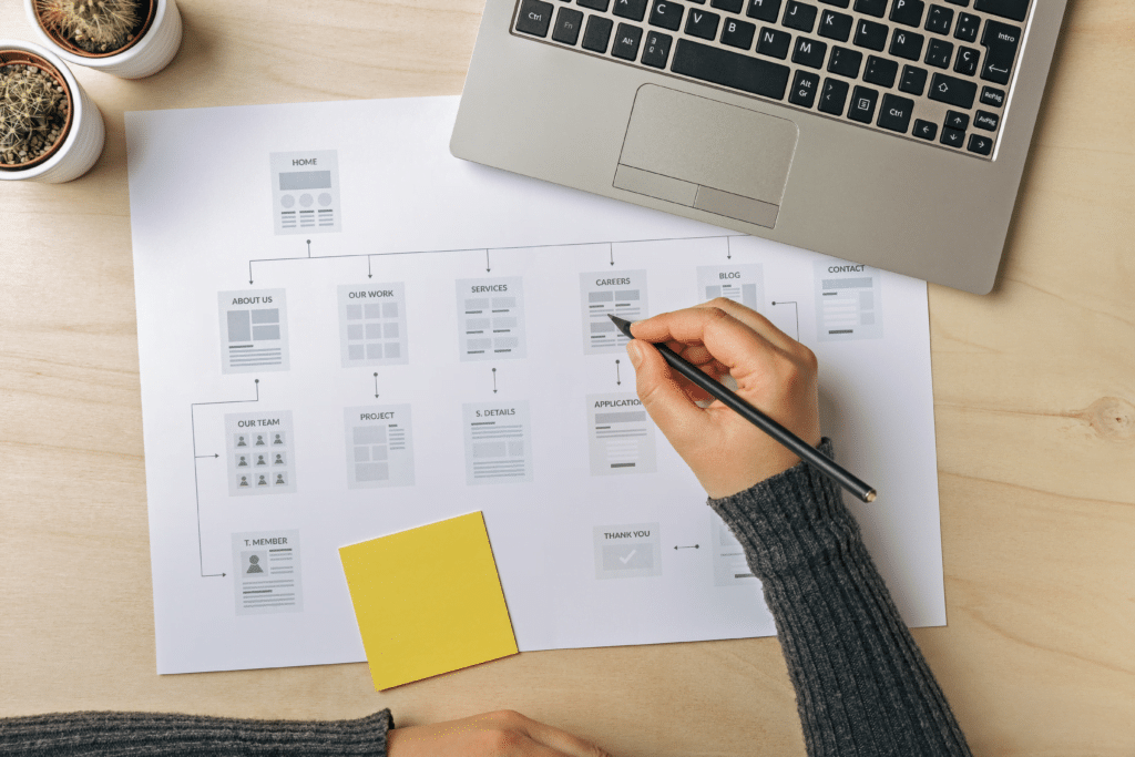 A person is sketching a website wireframe with categories like About Us, Services, and Careers on paper, illustrating an IT setup for startups. Next to a laptop, two small potted plants and a yellow sticky note are thoughtfully arranged on the wooden desk.