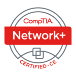 The image shows the CompTIA Network+ certification badge. The badge has a red and gray design, featuring the words CompTIA Network+ Certified • CE in the center.