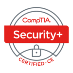 The image features the CompTIA Security+ certification badge with a red band across the center displaying the word Security+. Below is a lock icon, and Certified CE is written at the bottom of the circular design.