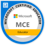 Badge displaying Microsoft Certified Educator with the Microsoft logo. The circular design features blue, gray, and yellow colors, with the text MCE and Educator prominently displayed in the center.