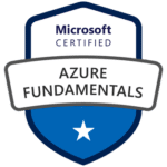 A badge design with a blue shield displaying Microsoft Certified on top, Azure Fundamentals in the center, and a white star at the bottom.