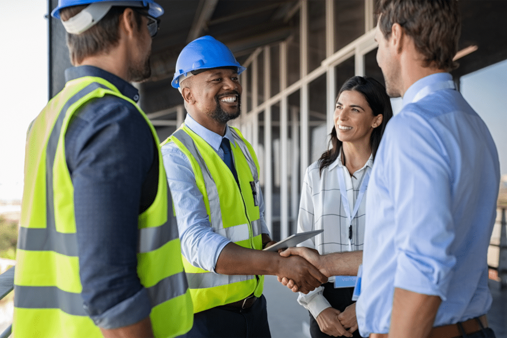 A construction worker in a safety vest and helmet shakes hands with a man in a dress shirt, symbolizing collaboration across the industries we serve. Nearby, two others—a man in work gear and a woman with a tablet—stand smiling on the bustling building site.