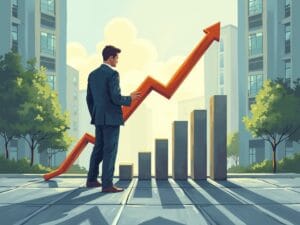 A man in a suit stands in an urban park, examining a large red arrow with ascending bars representing growth. The background features tall buildings and a clear sky, symbolizing business success and upward trends.