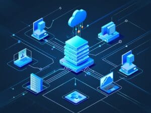 Illustration of cloud computing network. Central cloud server connects to various devices, including laptops, smartphones, and servers, symbolizing data exchange and connectivity in a digital ecosystem on a blue background.