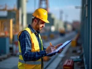 A construction worker in a yellow hard hat and high-visibility vest is writing on a clipboard. He stands on a construction site with equipment and buildings in the background, under a clear sky.