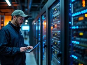 A technician wearing a cap and jacket is working on a laptop next to server racks in a dimly lit data center. The servers have blue and orange indicator lights. The scene suggests a focus on technology and network maintenance.