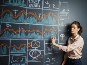 A woman stands in front of a blackboard filled with colorful graphs and diagrams, pointing with chalk. She is wearing a pink blouse and looks focused. The artwork on the board is drawn in blue, orange, and white chalk.