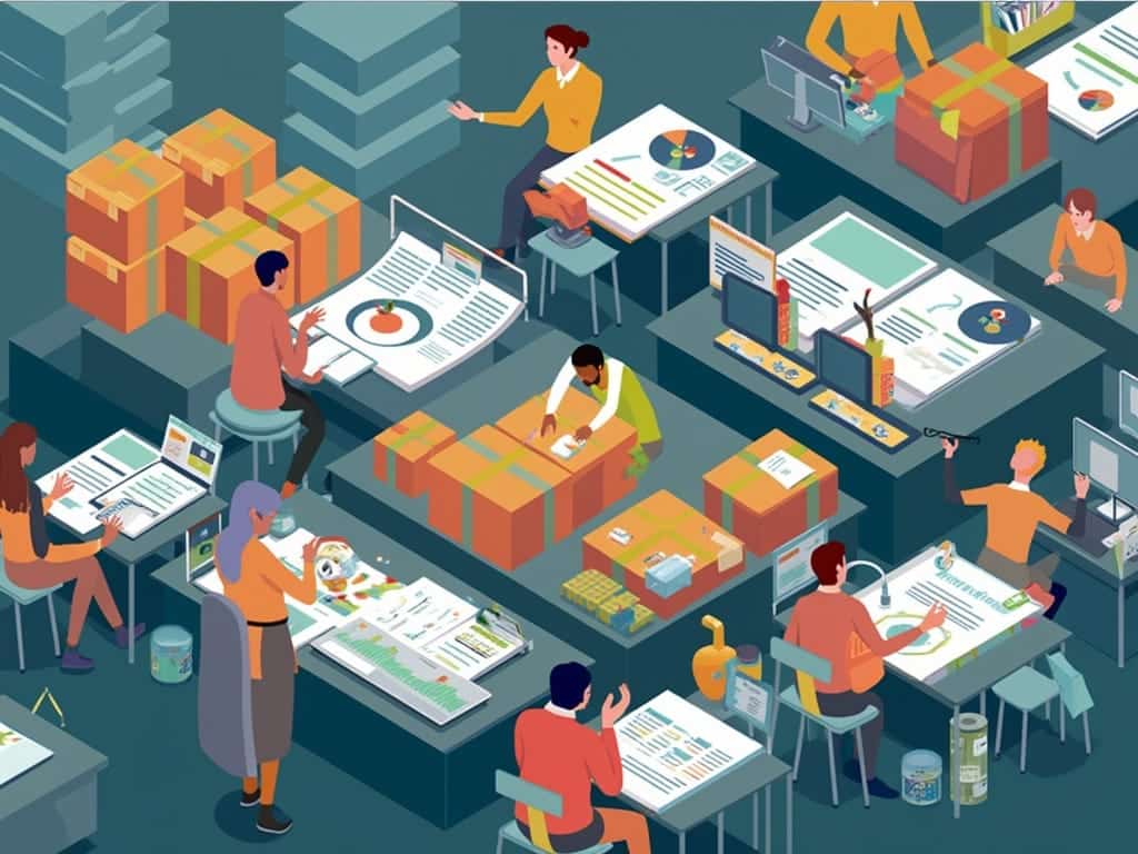 Illustration of people in an office sorting and packaging boxes. Various workers are at desks with computers, charts, and office supplies, engaged in tasks like writing and organizing. The setting is colorful and busy, with a focus on teamwork.