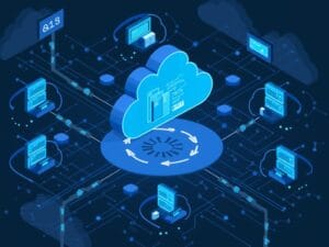 Illustration of a cloud computing network, featuring a central cloud icon connected to various devices and digital elements like servers and data pathways, set against a dark blue background with circuit-like lines.