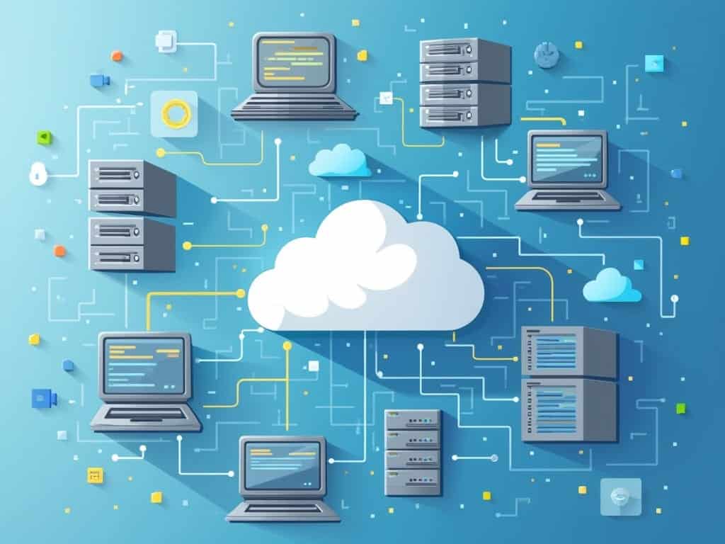 Illustration depicting cloud computing concepts. A central cloud icon is surrounded by various connected devices, including laptops and servers, symbolizing data exchange and network communication. The background has a blue gradient with circuit patterns.