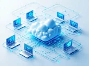 A digital illustration depicting cloud computing: a central cloud icon is connected to several laptops, each displaying various digital information and graphs, through a network of glowing circuit lines.