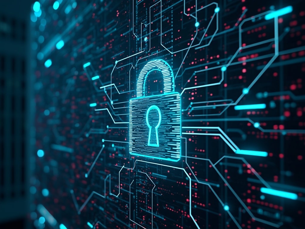 A glowing digital padlock is centered on a circuit board background, symbolizing cybersecurity. The circuit board is detailed with blue lines and red dots, indicating data pathways and connections.