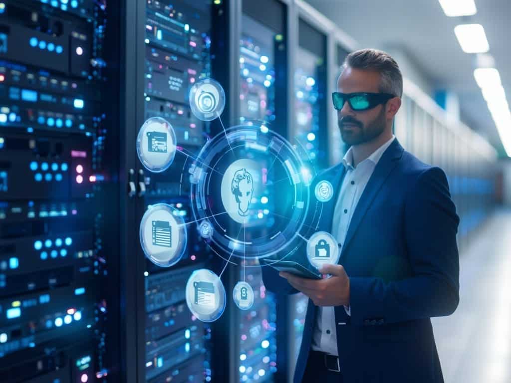 A man in a suit and sunglasses stands in a server room, holding a tablet. Holographic icons, including a brain, padlock, and cloud, float in the air, symbolizing digital technology and data security. Servers are visible in the background.