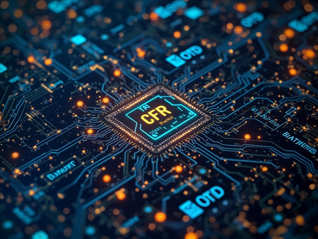 Close-up of a circuit board with a central glowing microchip labeled CFR. The board features intricate pathways and bright lights, creating a futuristic and high-tech appearance.